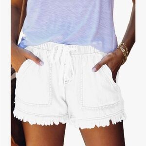 High Waist White Ruffle Hem Shorts